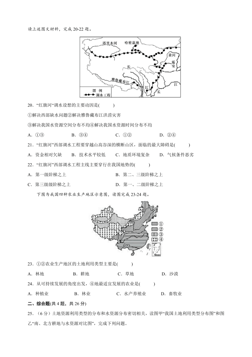 人教版八年级上册地理第三章《中国的自然资源》测试卷（含解析）