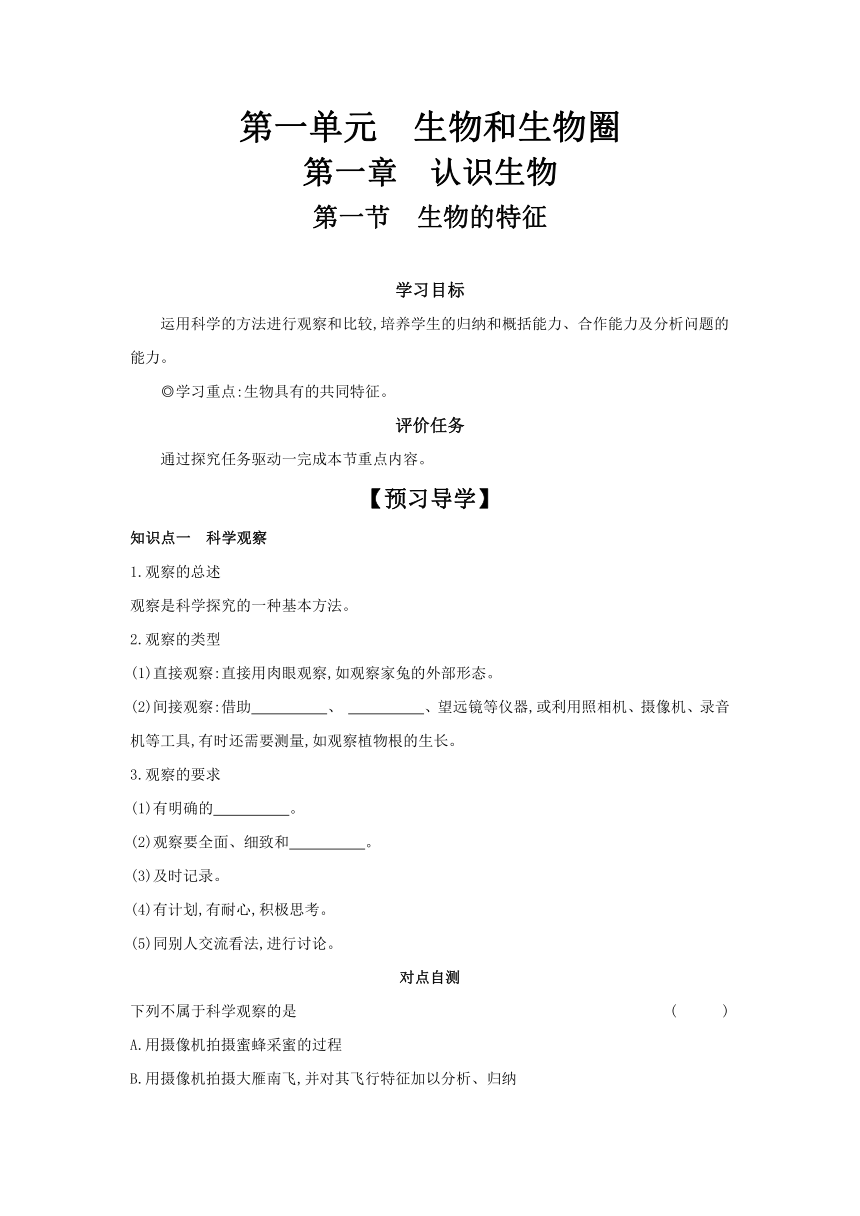 1.1.1 生物的特征 学案（含答案）2023-2024学年人教版生物七年级上册