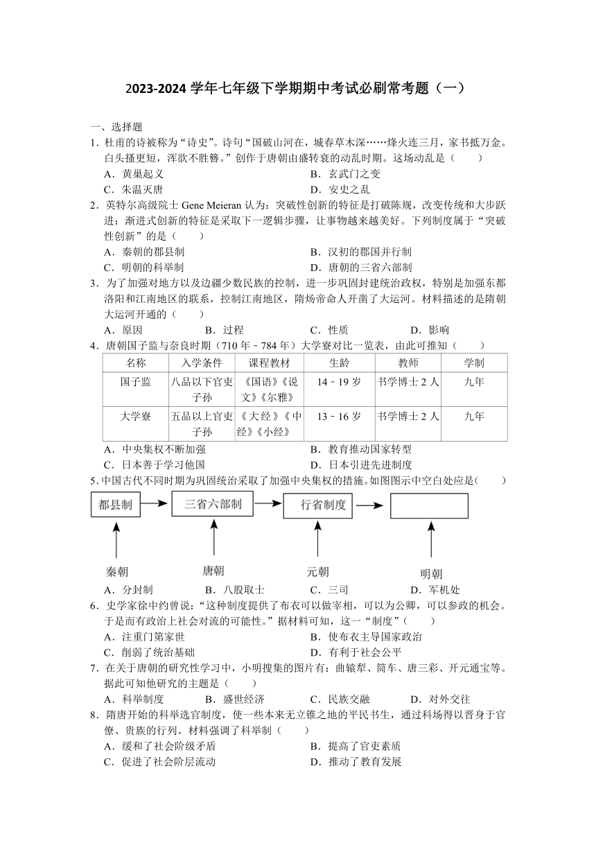 2023-2024学年七年级下学期期中考试必刷常考题（一）含答案