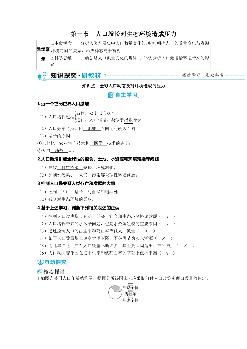 2023-2024学年浙科版选择性必修2 第四章第一节　人口增长对生态环境造成压力 学案(含解析）