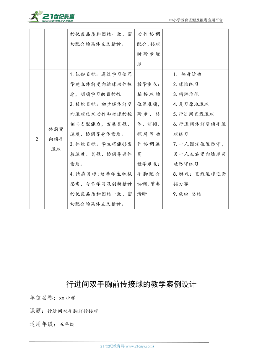 小学体育水平三 行进间双手胸前传接球 教案