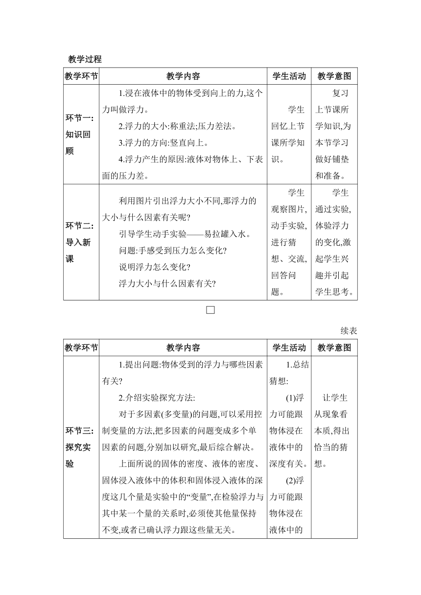 人教版物理八年级下册10.1.2探究影响浮力大小的因素 教案（表格式）