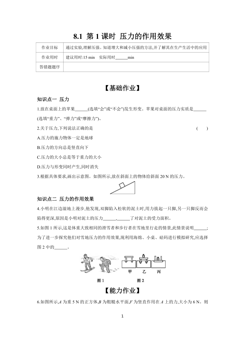 8.1 第1课时 压力的作用效果  课时作业（含答案） 2023-2024学年物理沪科版八年级下册