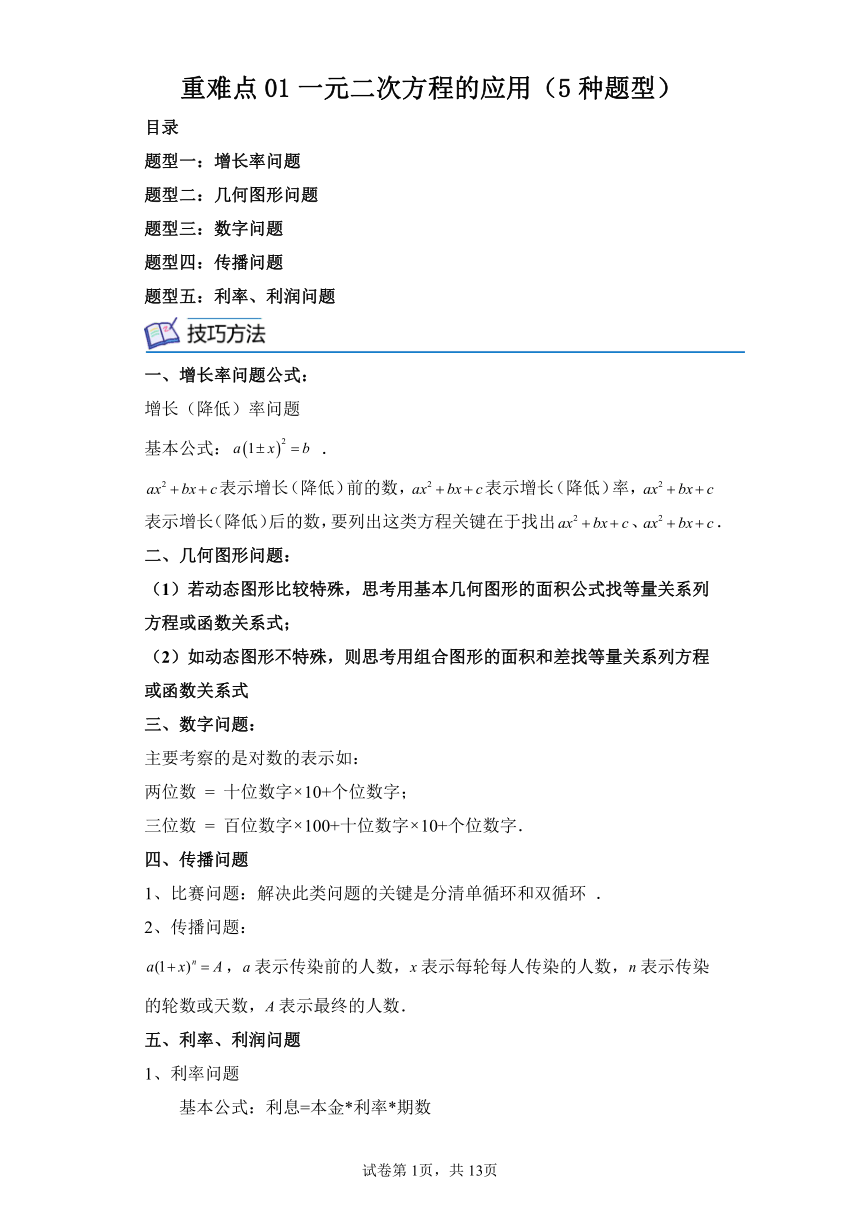 重难点01一元二次方程的应用（5种题型） 核心考点讲练 （含解析）数学浙教版八年级下册