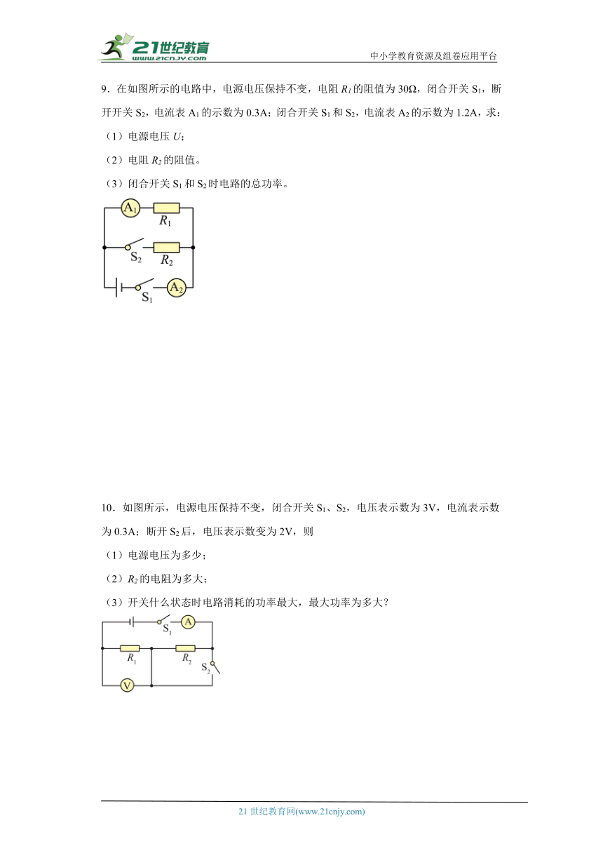 2024年九年级中考物理专题复习：电学计算题（有答案）