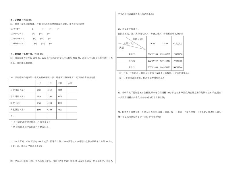 2023-2024学年四年级数学下册青岛版第一单元泰山古树计算器单元测试（含答案）