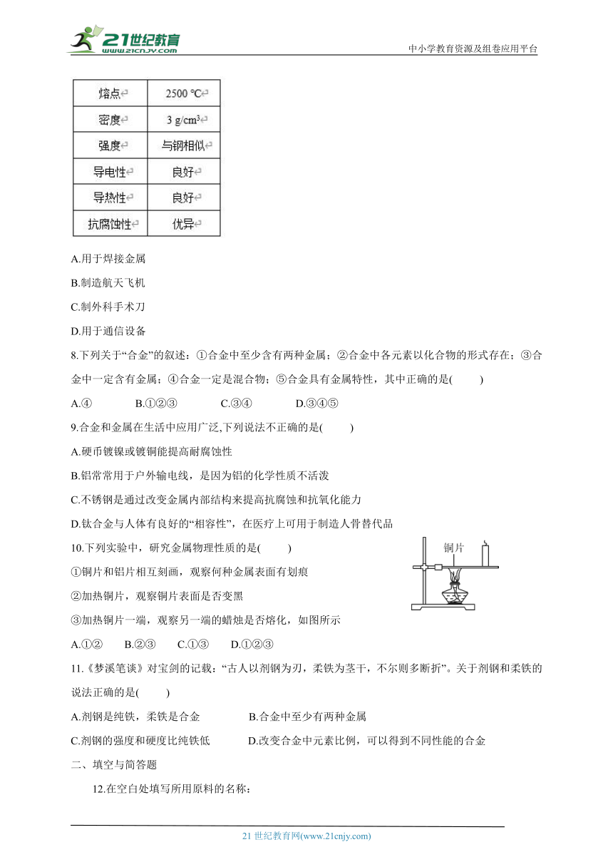 8.1金属材料 达标检测（含答案）2023-2024学年人教版九年级化学下册