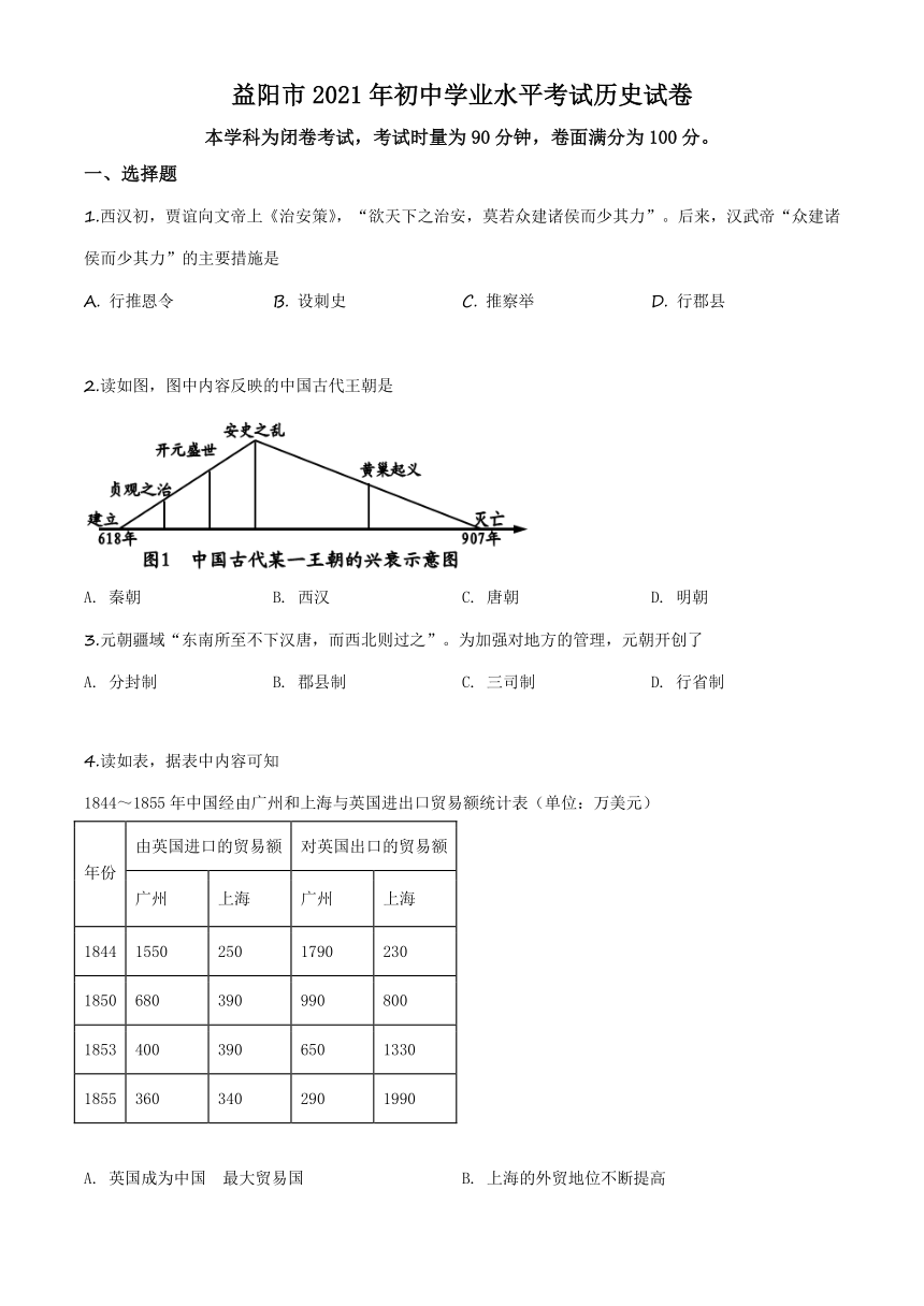 湖南省益阳市2021年初中学业水平考试历史试卷（  含解析答案）