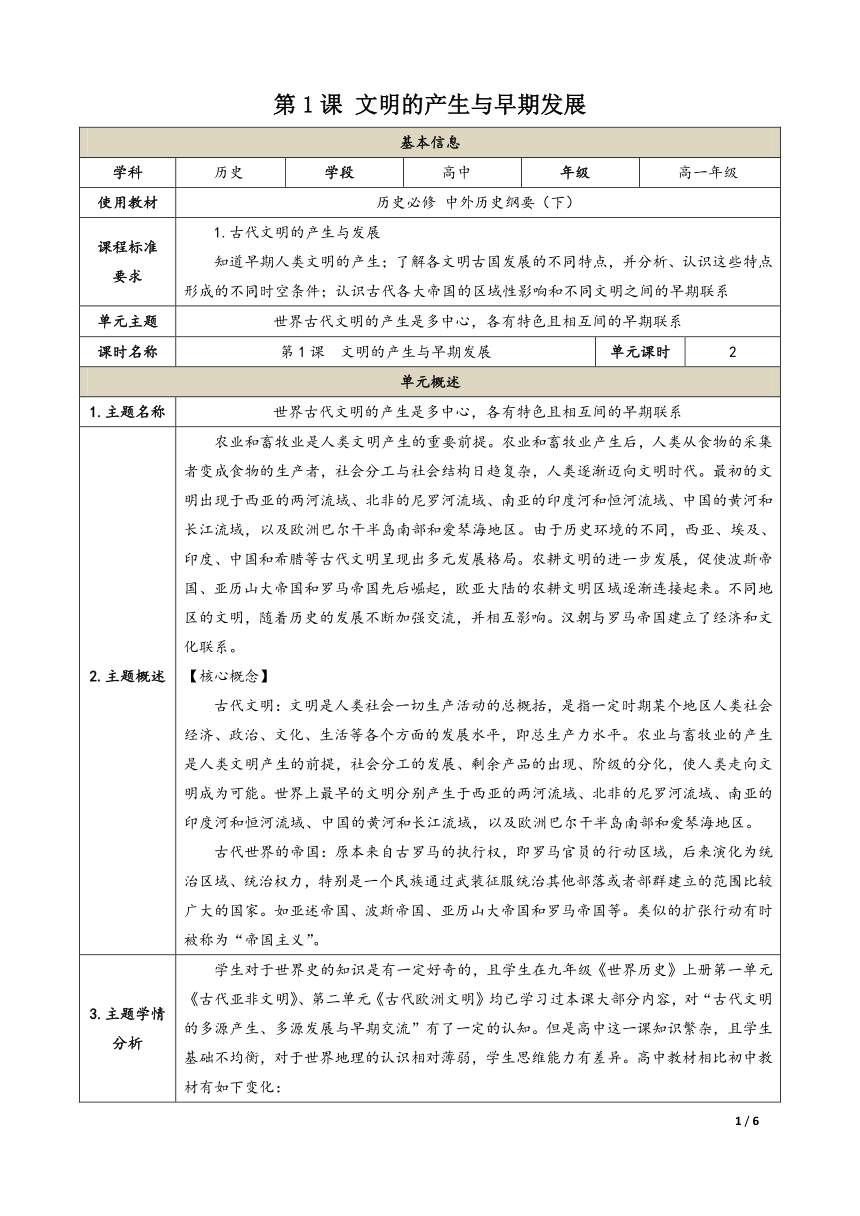 第1课 文明的产生与早期发展 教学设计（表格式）