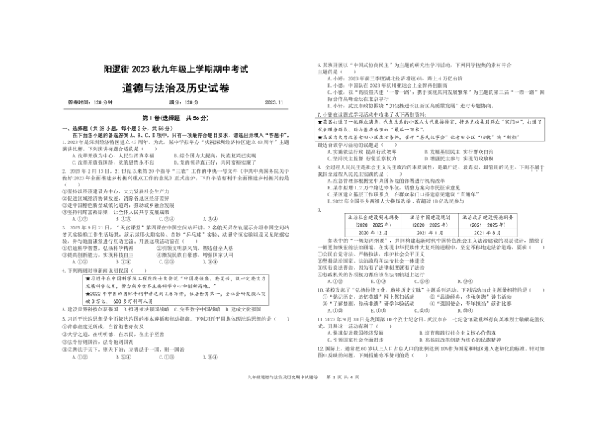 湖北省武汉市新洲区阳逻街三校2023-2024学年第一学期九年级文科综合期中试题（PDF版，无答案）