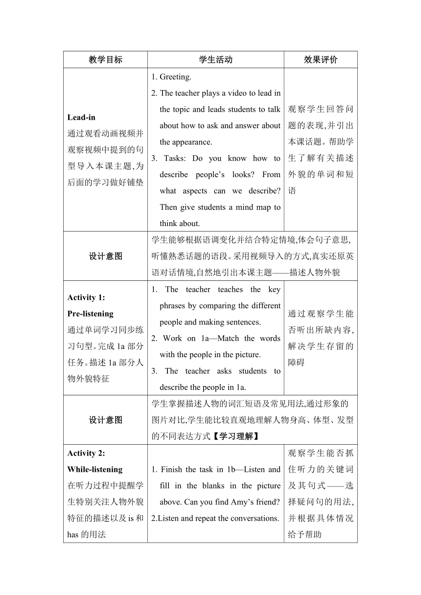 人教新目标(Go for it)版七年级下册Unit 9 What does he look like? Section A (1a—2d)教案（表格式）