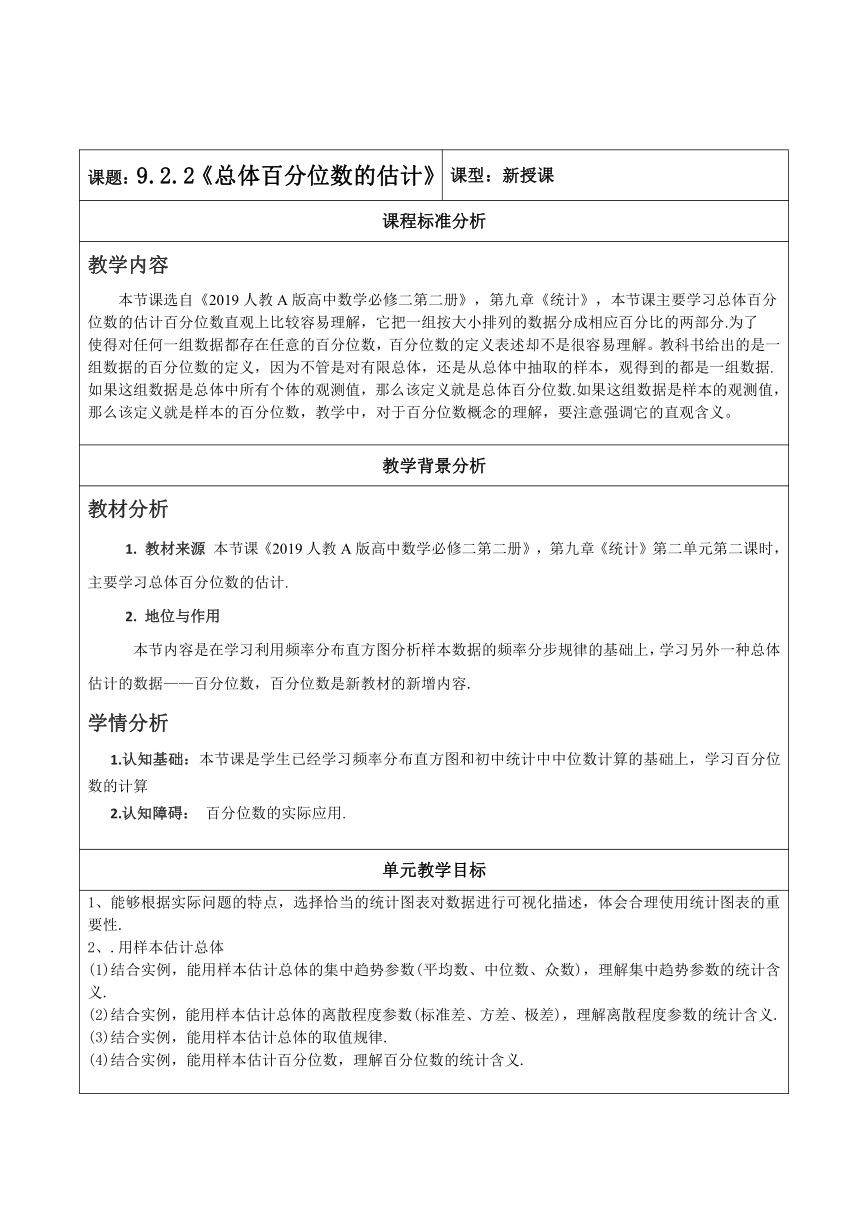 9.2.2 总体百分位数的估计 教学设计（表格式）