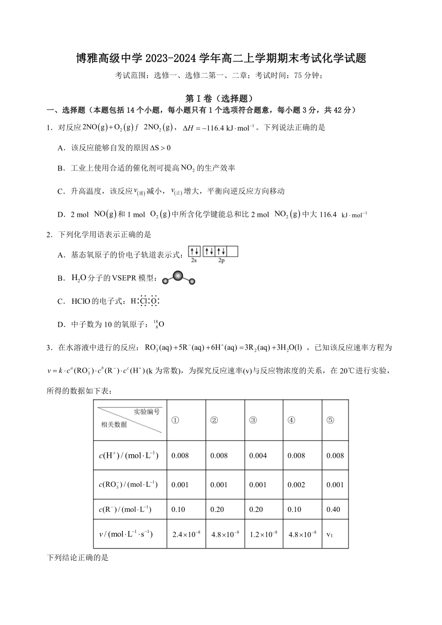 湖南省益阳博雅高级中学2023-2024学年高二上学期期末考试化学试题（含解析）