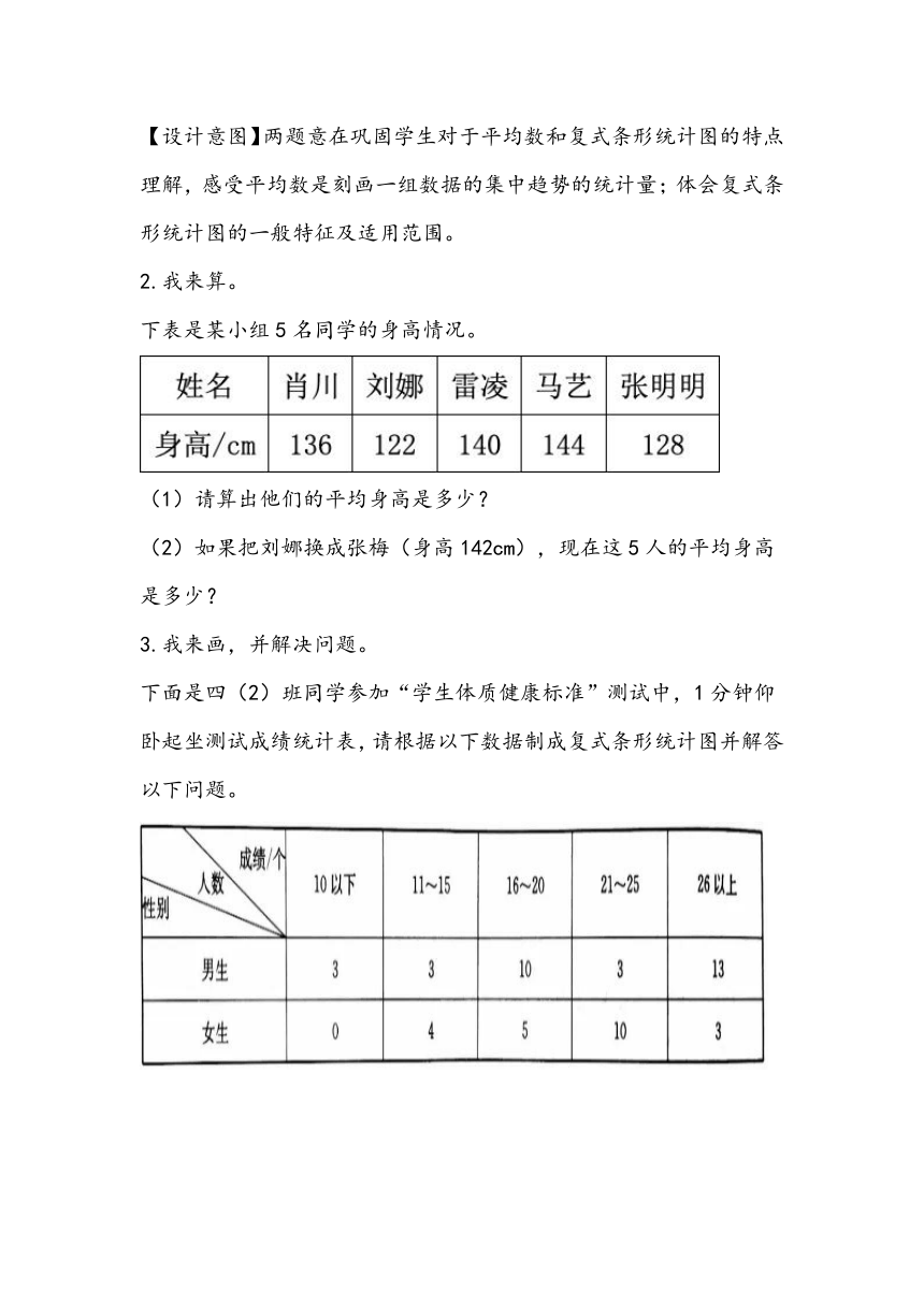 人教版数学四年级下册《平均数和条形统计图》单元作业设计