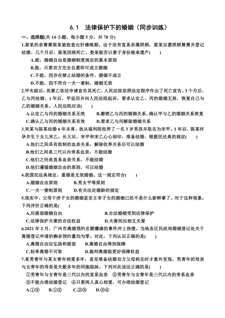 6.1  法律保护下的婚姻（同步训练）（含解析）—2023-2024学年高二下学期政治选择性必修2（统编版(2019））