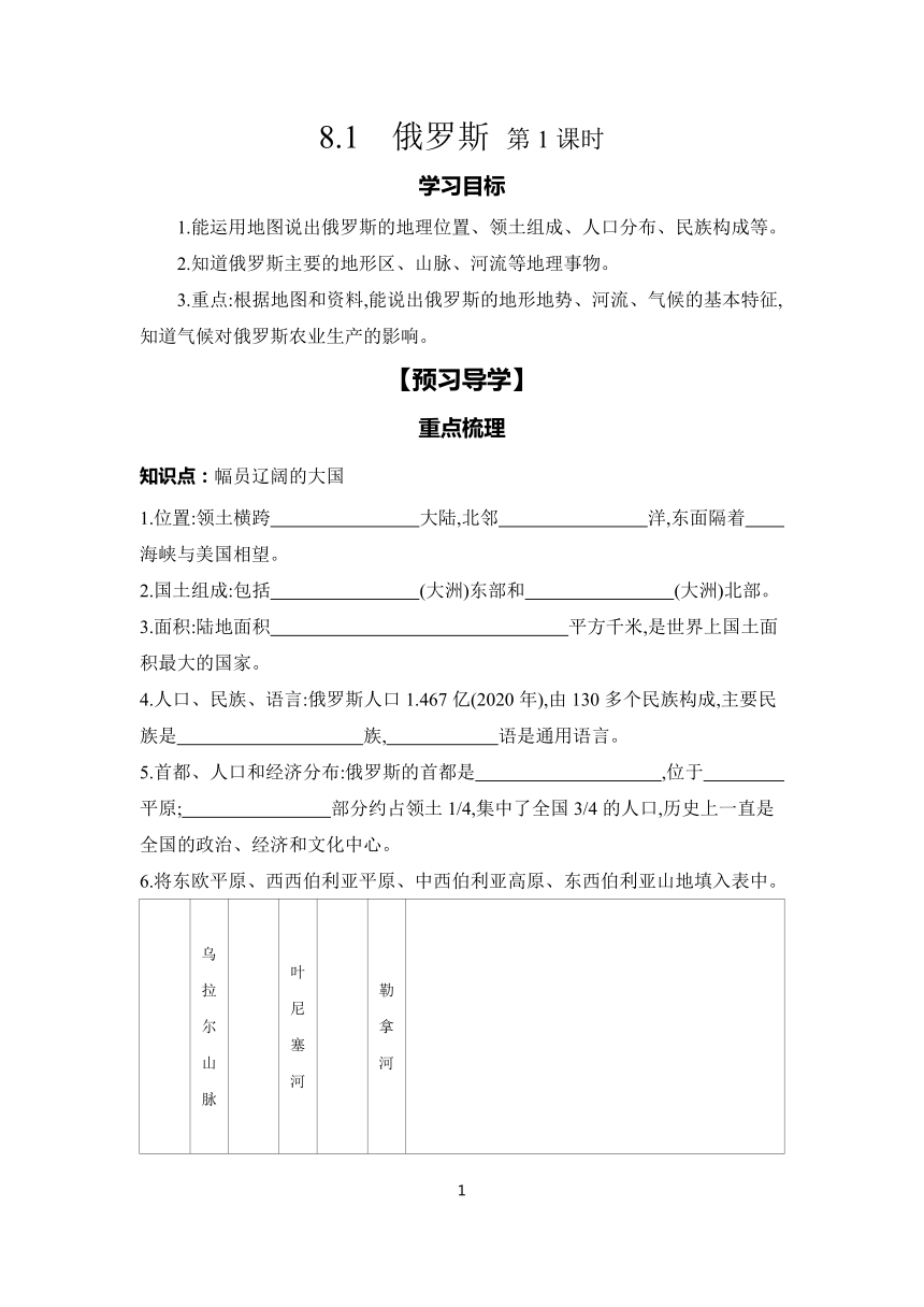 8.1 俄罗斯 第1课时 学案（含答案）2023-2024学年初中地理仁爱版七年级下册