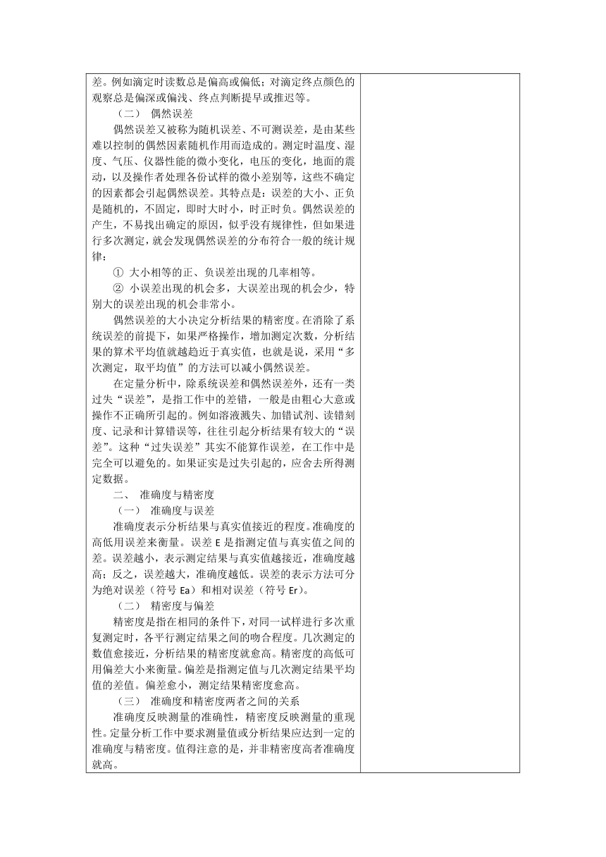 项目五 误差与分析数据的处理技术 教案（表格式）-《药用基础化学技术》同步教学（江苏教育出版社）