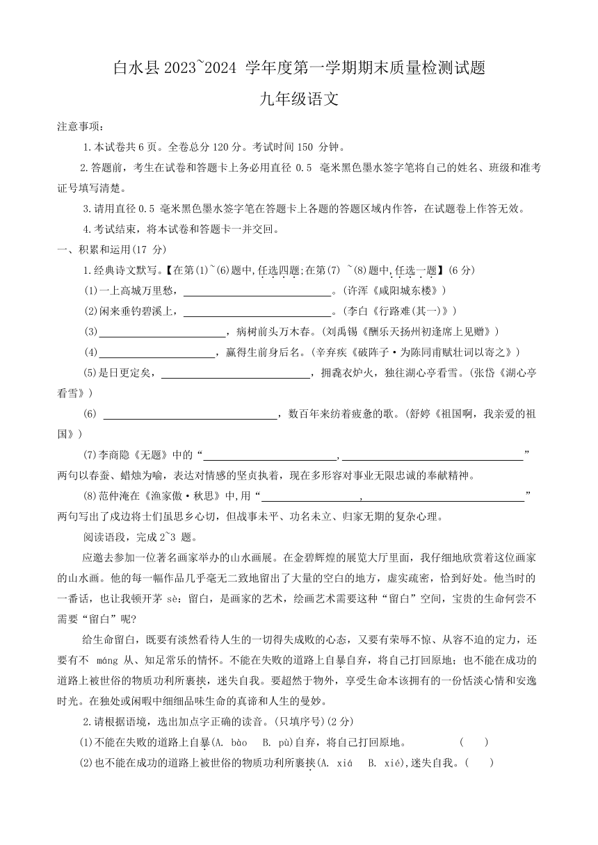 陕西省渭南市白水县2023-2024学年九年级上学期期末语文试题（无答案）