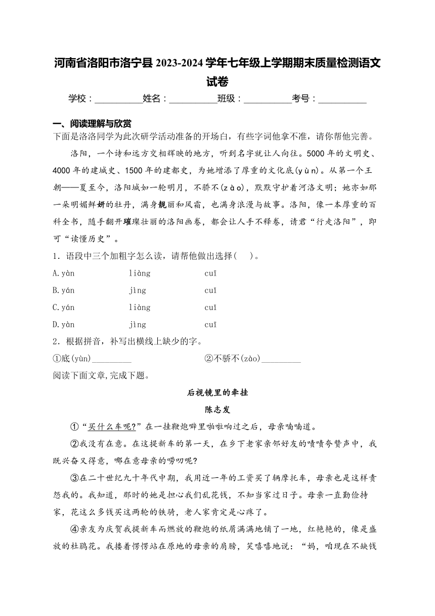 河南省洛阳市洛宁县2023-2024学年七年级上学期期末质量检测语文试卷(含解析)