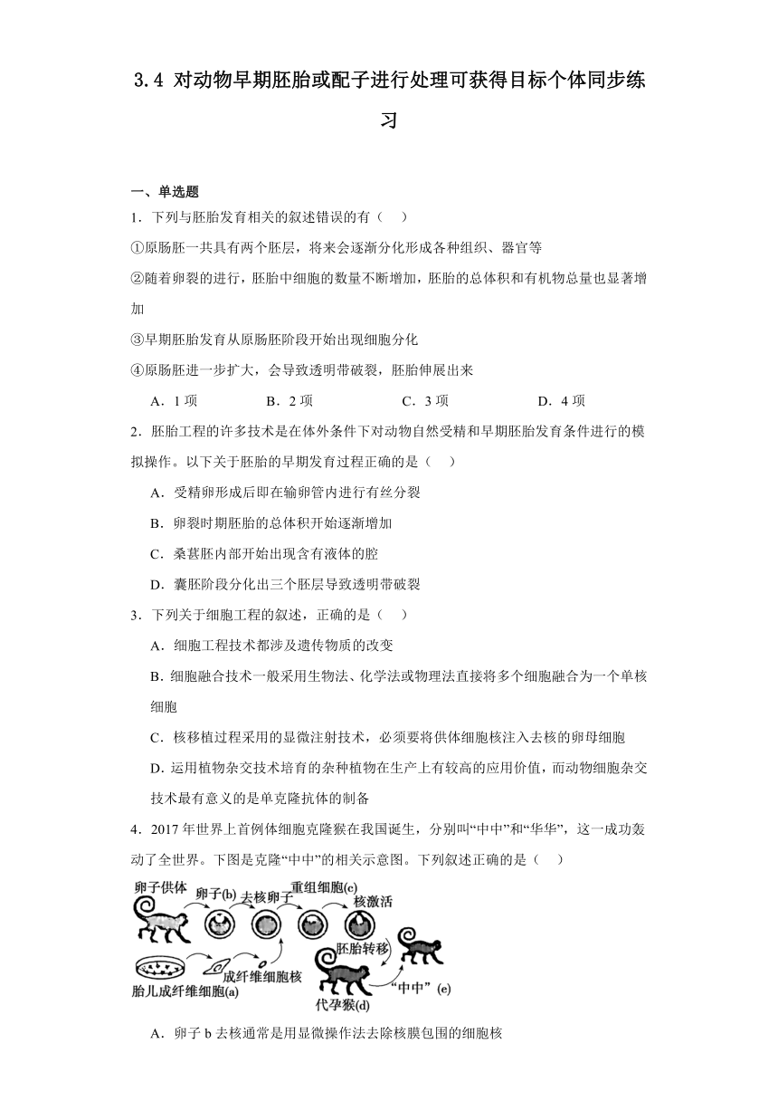 3.4对动物早期胚胎或配子进行处理可获得目标个体同步练习2023-2024学年高二下学期生物浙科版必修3（含解析）