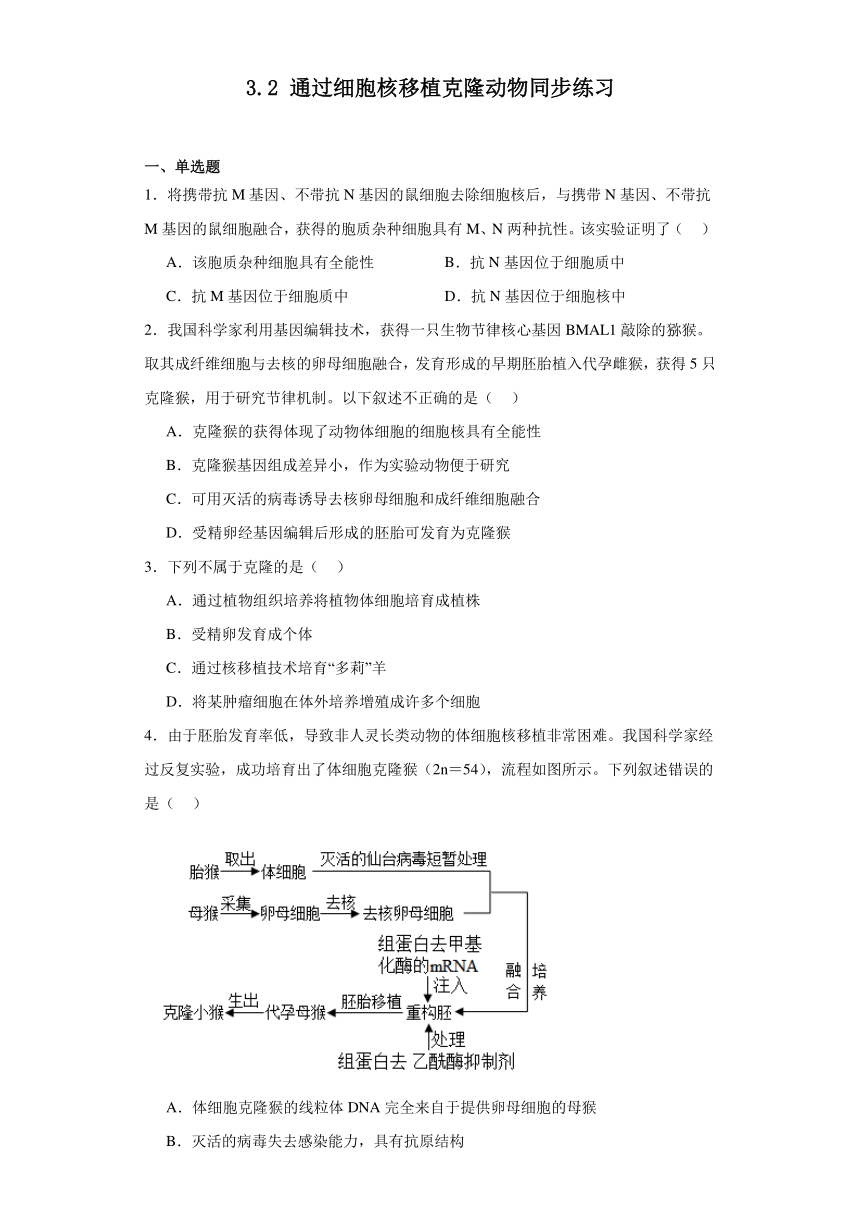 3.2通过细胞核移植克隆动物同步练习2023-2024学年高二下学期生物浙科版选择性必修3（含解析）