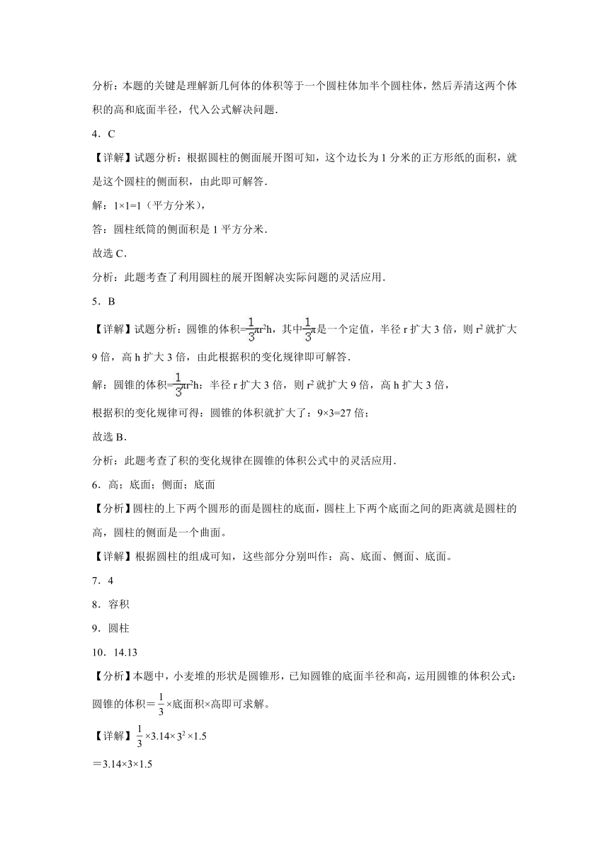 2023-2024学年西师大版六年级数学下册第二单元圆柱和圆锥（含解析）