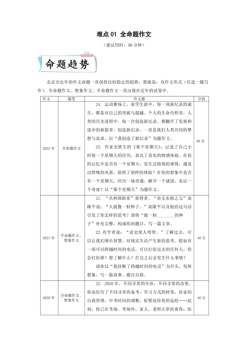 2024年中考语文【热点重点难点】专练(北京专用)难点01全命题作文(原卷版+解析)