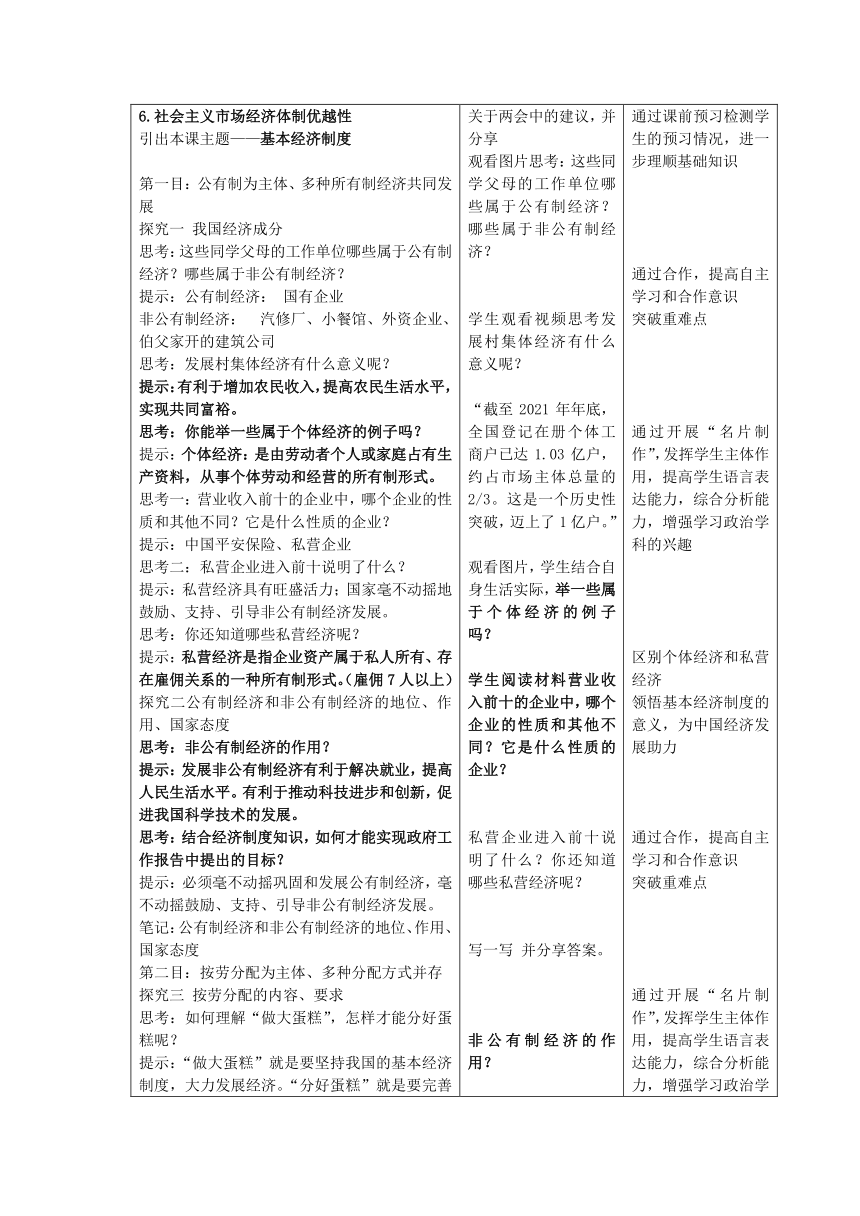 【核心素养目标】5.3  基本经济制度  教学设计（表格式）