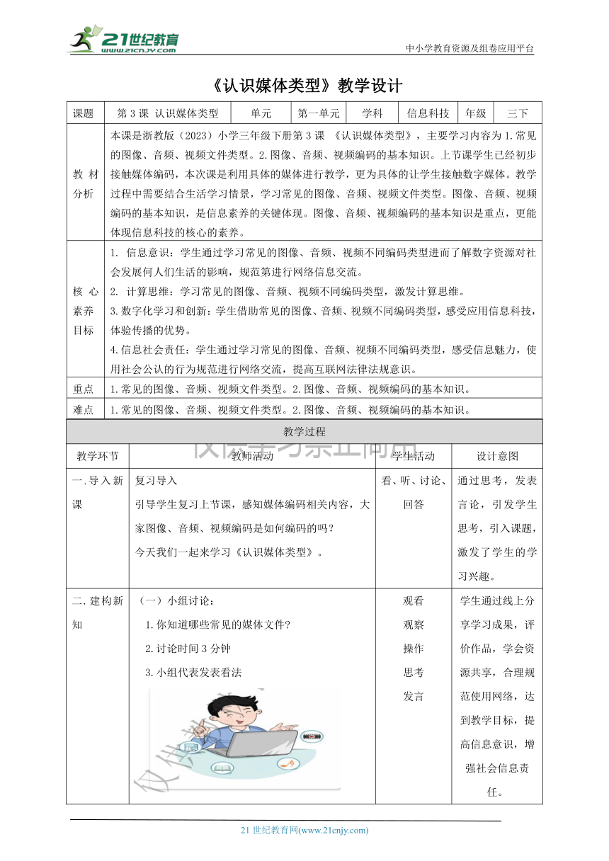 浙教版（2023）信息科技三下第3课 认识媒体类型 教学设计（表格式）