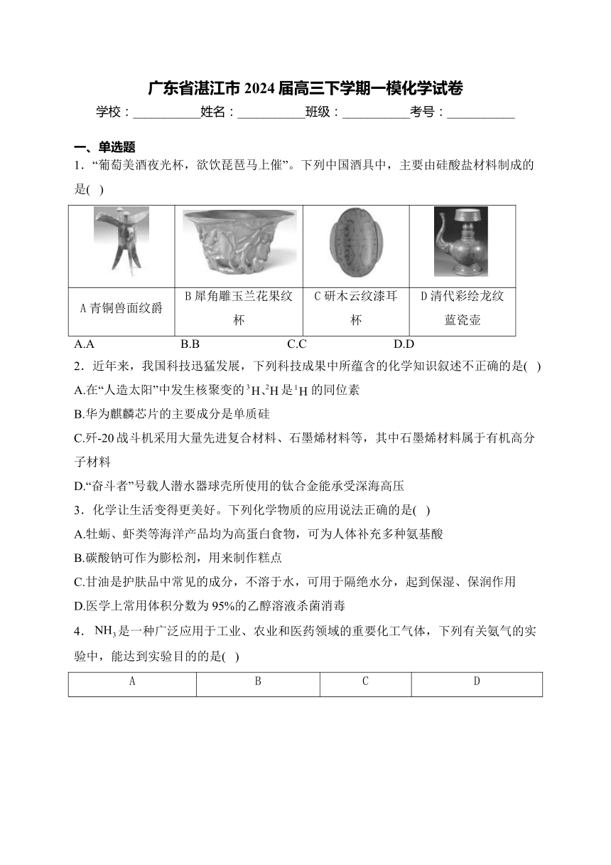 广东省湛江市2024届高三下学期一模化学试卷(含答案)