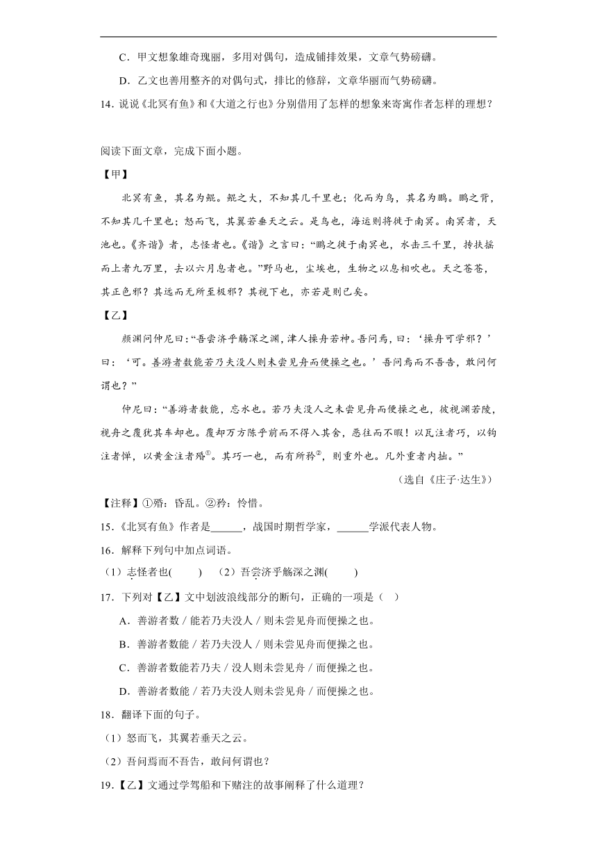 2024年九年级中考语文专题复习：《北冥有鱼》对比阅读（含答案）