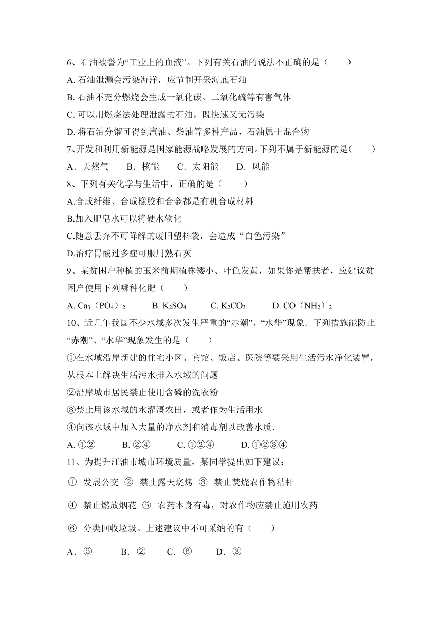 2023—2024学年鲁教版（五四学制）化学九年级全一册第六单元 化学与社会发展 优选练习(含答案)