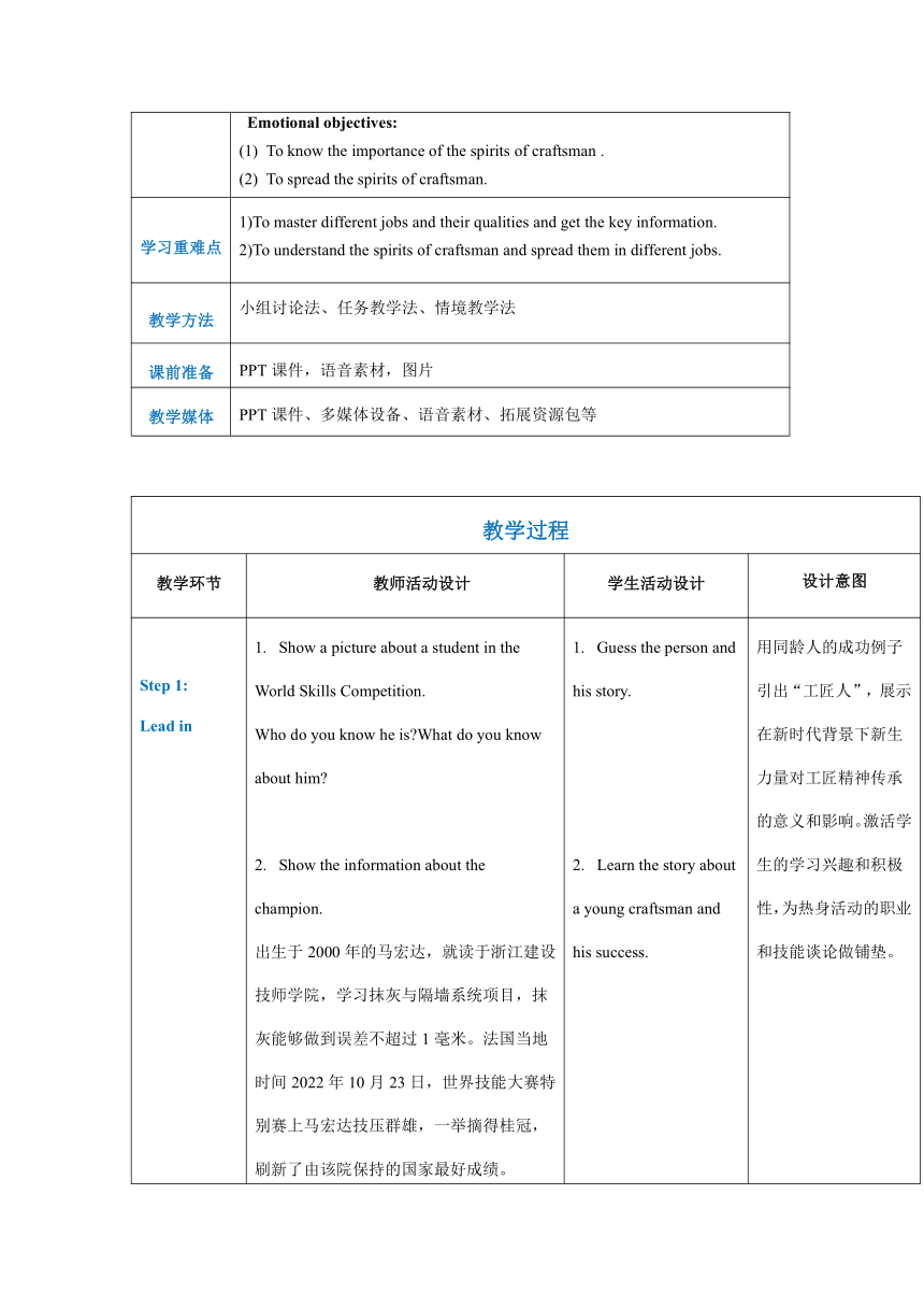 高教版（2021）基础模块2 Part1-2 Unit6 Craftsmanship教案（表格式）