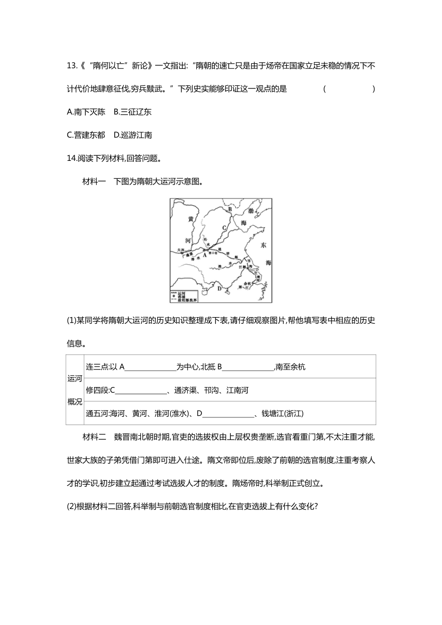 2023-2204学年历史统编版七年级下册 课时提高练 第1课 隋朝的统一与灭亡  （含答案）