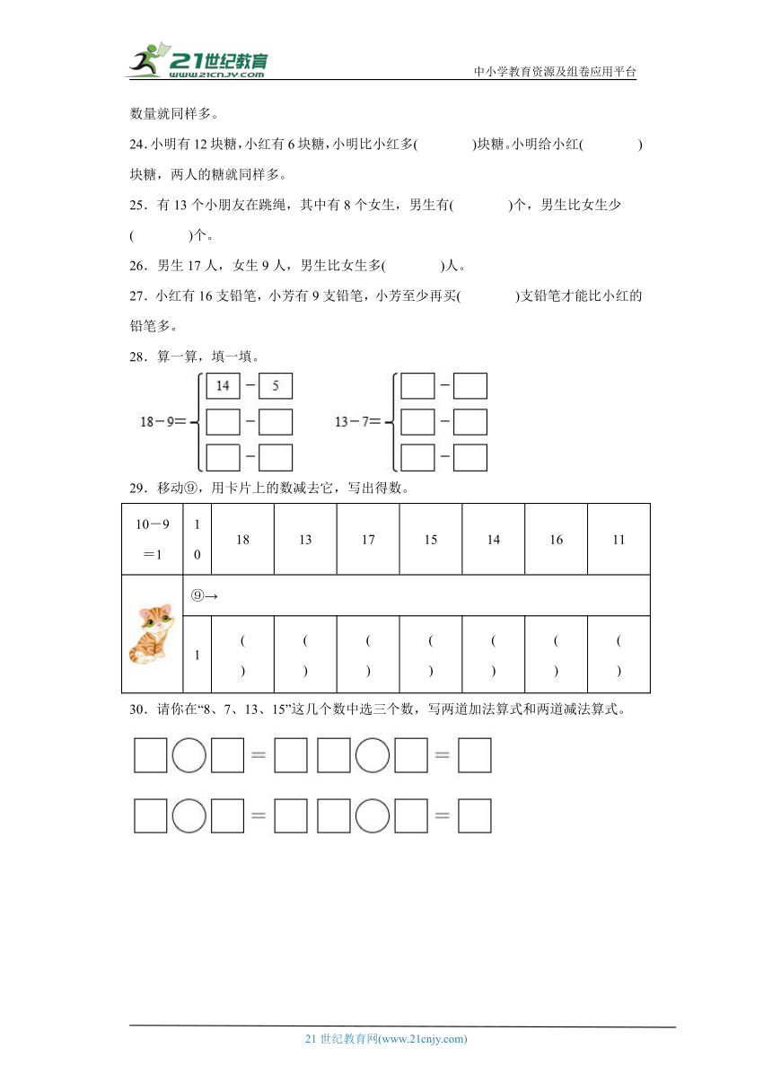 人教版一年级下册数学第二单元20以内的退位减法填空题专题训练（含答案）