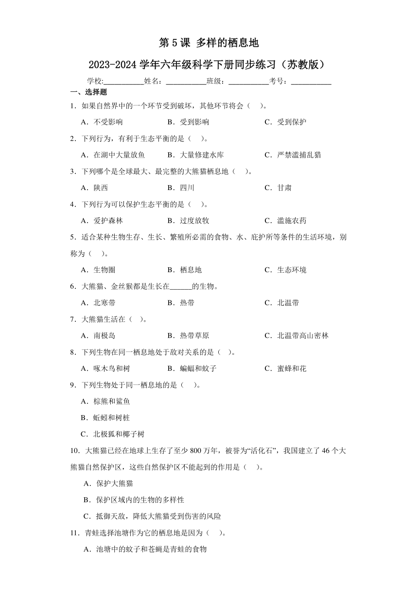 2023-2024学年六年级科学下册同步练习（苏教版）第5课多样的栖息地（含答案）