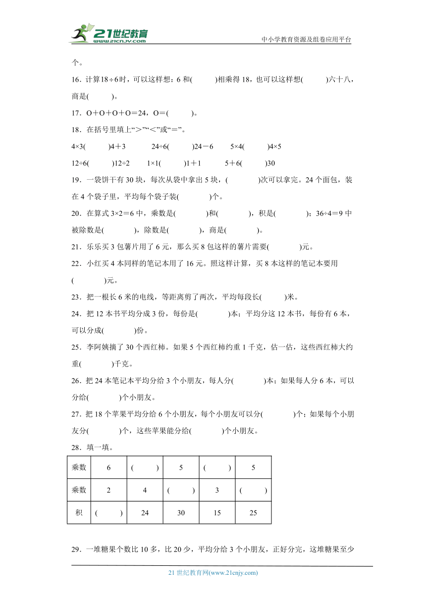 人教版二年级下册数学第二单元表内除法（一）填空题专题训练（含答案）