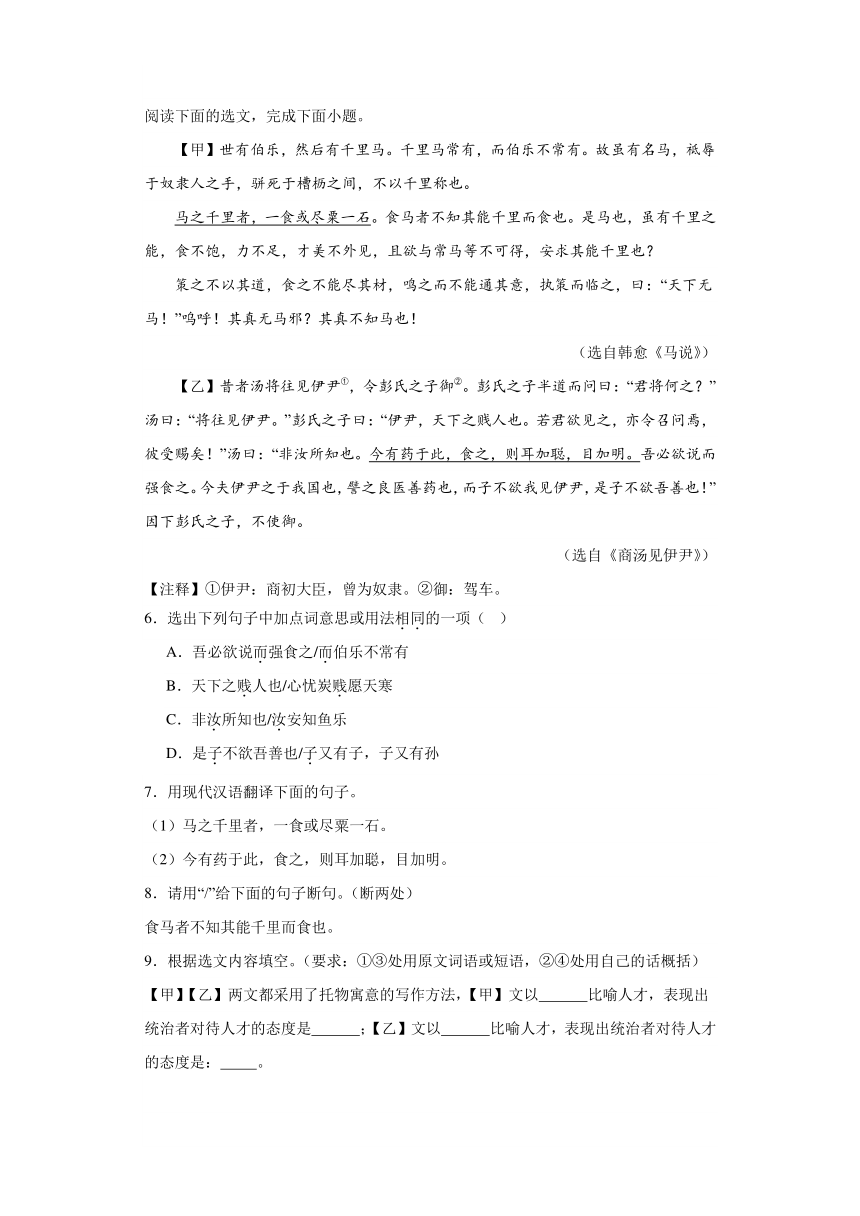 2024年九年级中考语文专题复习：《马说》对比阅读（含答案）