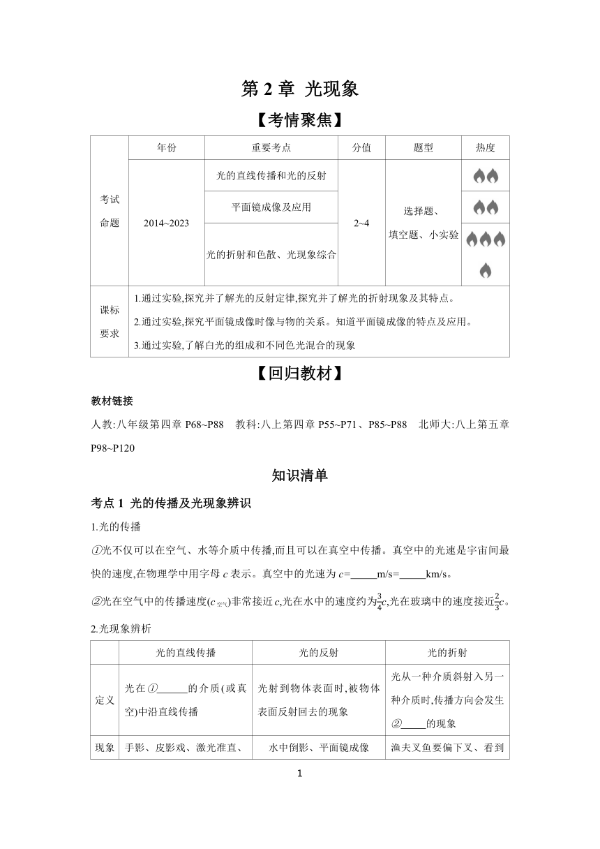 2024年中考物理一轮复习 考点精讲 学案 第2章 光现象（含答案）