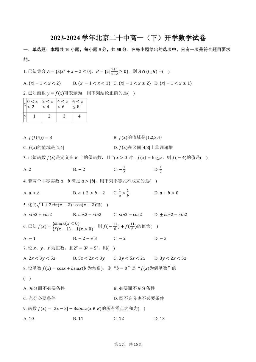 2023-2024学年北京第二十中学高一（下）开学数学试卷（含解析）