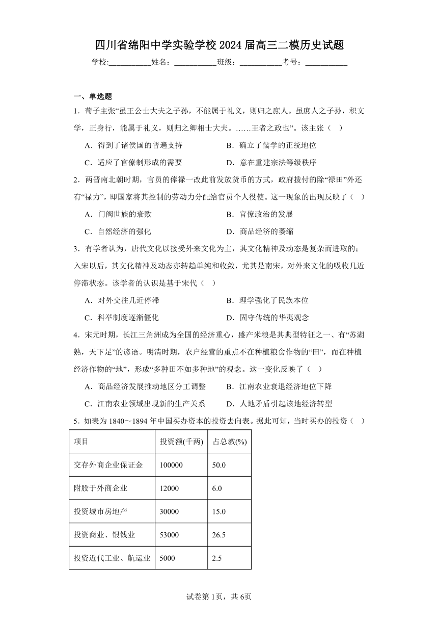 四川省绵阳中学实验学校2024届高三二模历史试题（含解析）