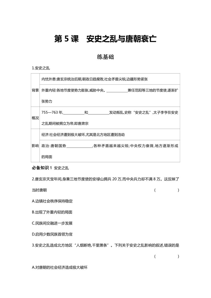 2023-2204学年历史统编版七年级下册 课时提高练 第5课 安史之乱与唐朝衰亡 （含答案）