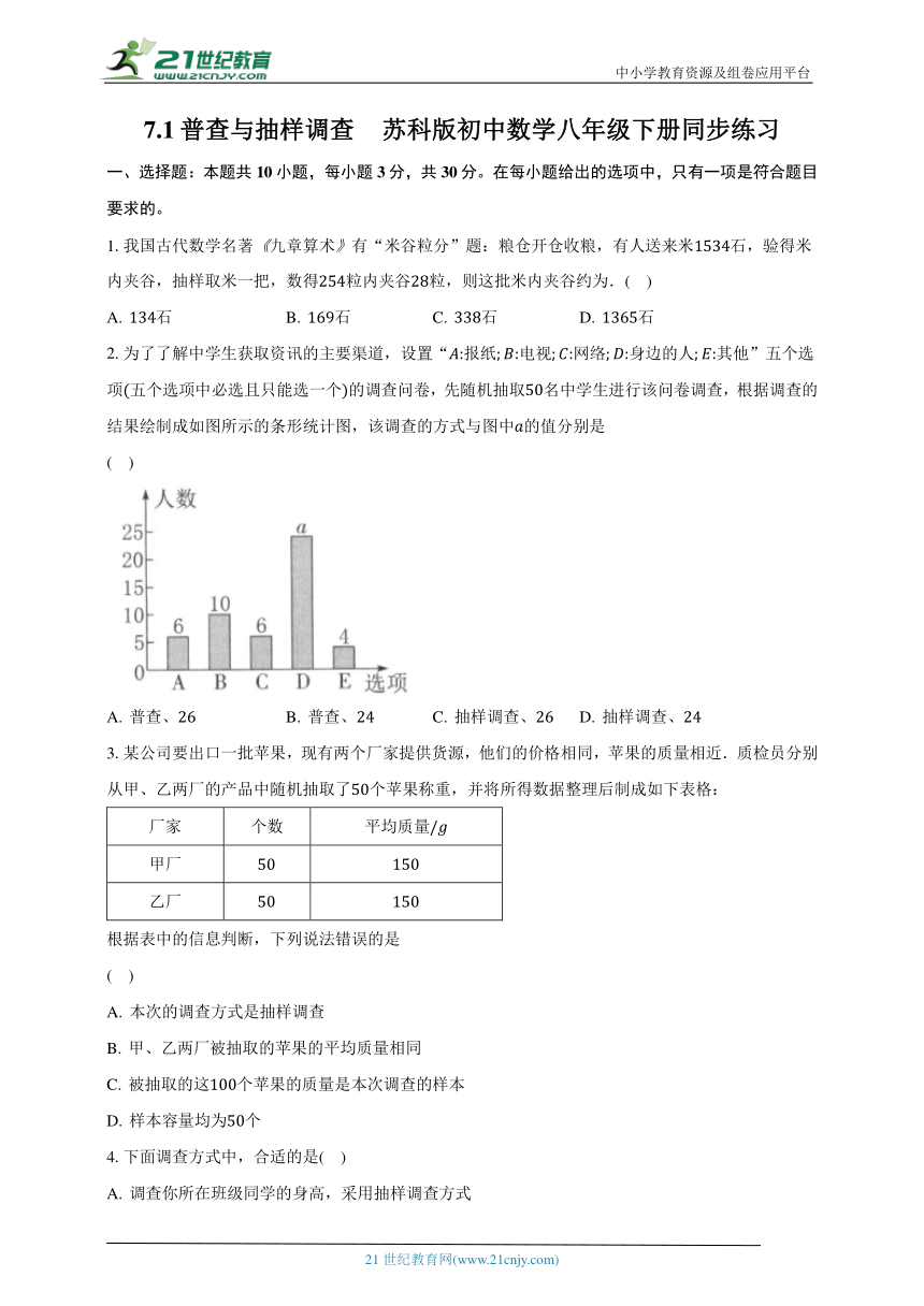 7.1普查与抽样调查 苏科版初中数学八年级下册同步练习（含解析）