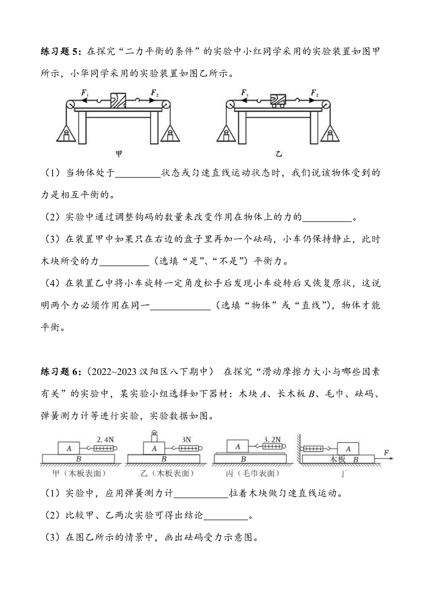 湖北省武汉市汉阳区2023~2024学年八年级下册期中复习——运动与力实验（含答案）