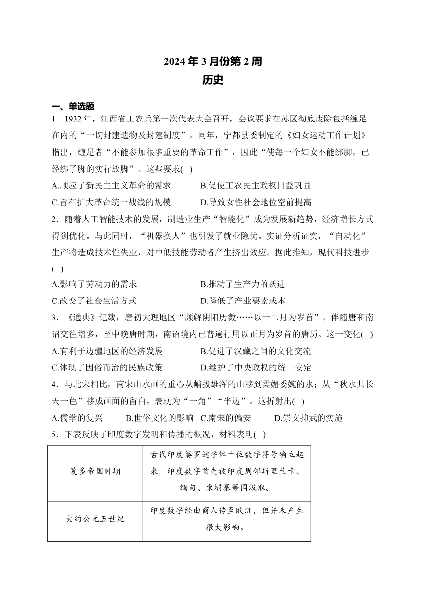 湖南衡阳名校2024届高三复习周练 3月第2周 历史试题（含解析）