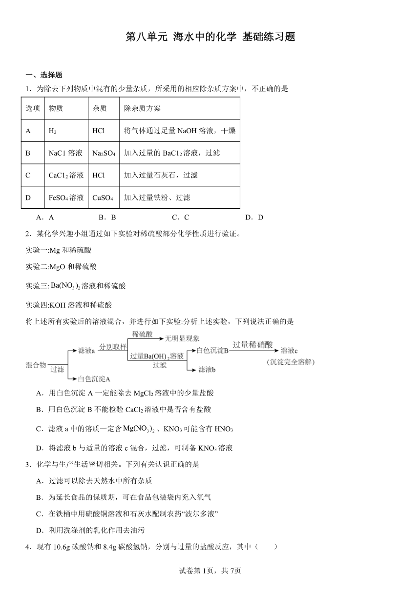 第八单元海水中的化学基础练习题2023-2024学年九年级化学鲁教版下册（含解析）