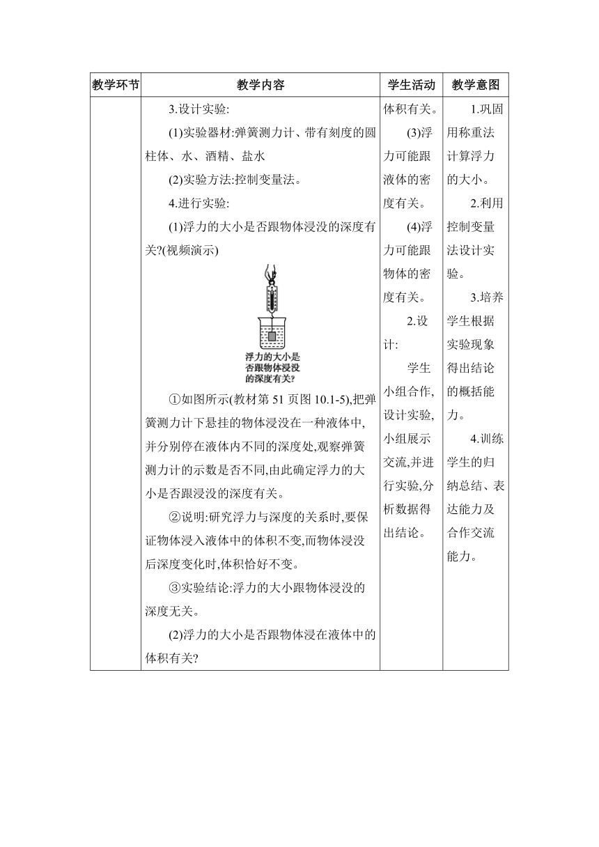 人教版物理八年级下册10.1.2探究影响浮力大小的因素 教案（表格式）