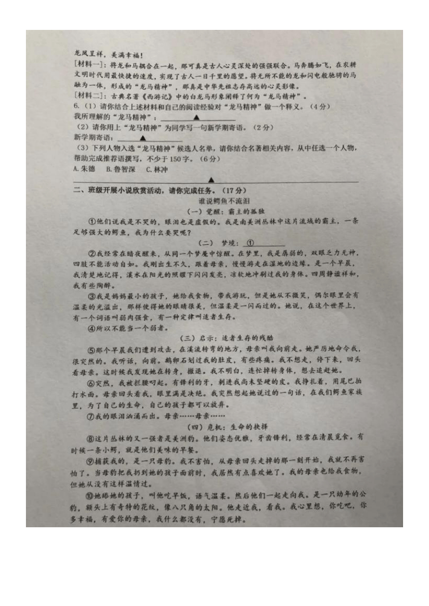 浙江省温州市瑞安市塘下片区六校2023-2024学年第二学期九年级语文开学考试试卷（图片版，无答案）