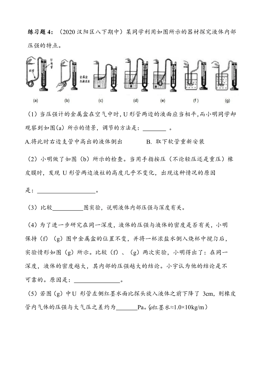 湖北省武汉市汉阳区2023~2024学年八年级下册期中复习——压强、浮力实验题（含答案）