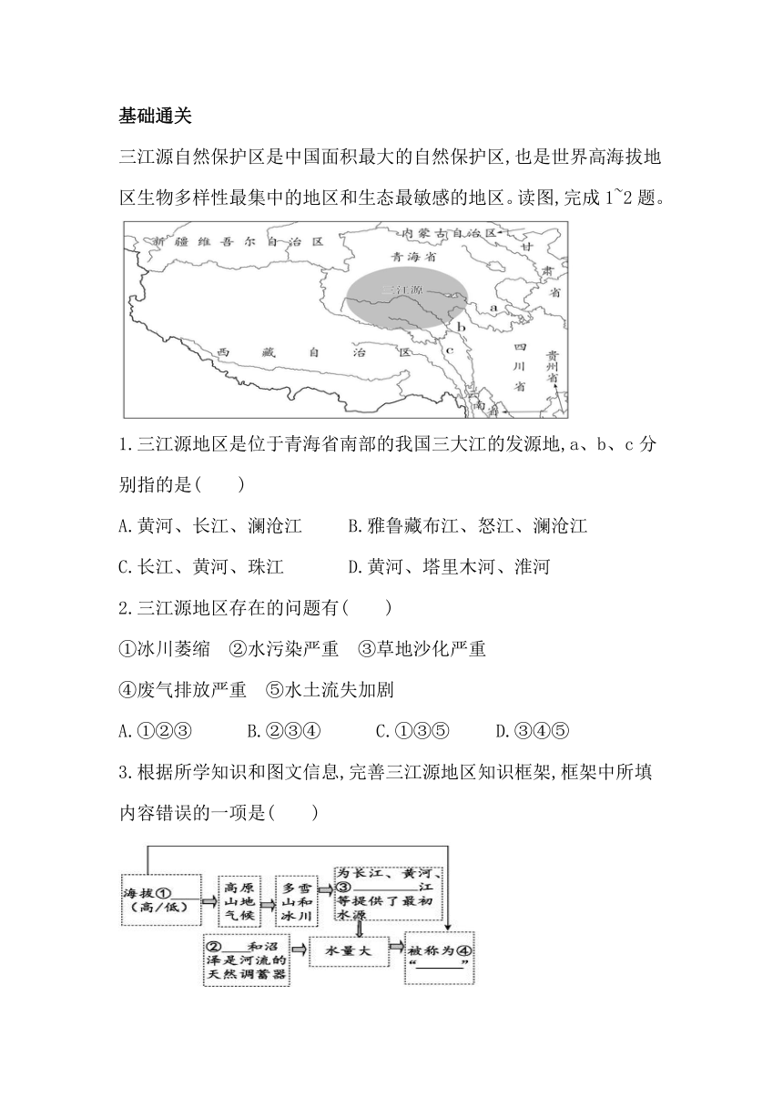 人教版八下9.2青藏地区  高原湿地-三江源地区 同步习题（含答案)